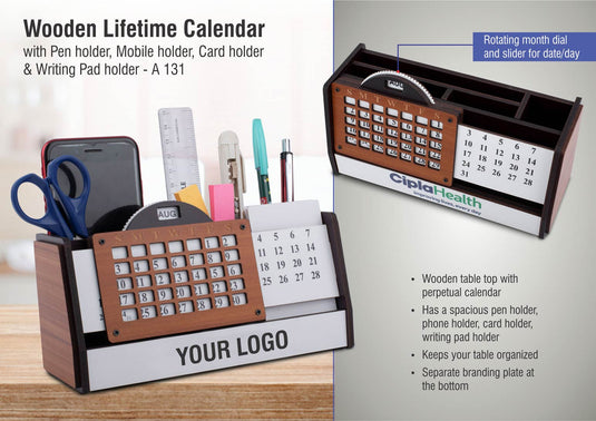 Wooden Lifetime Calendar With Pen Holder